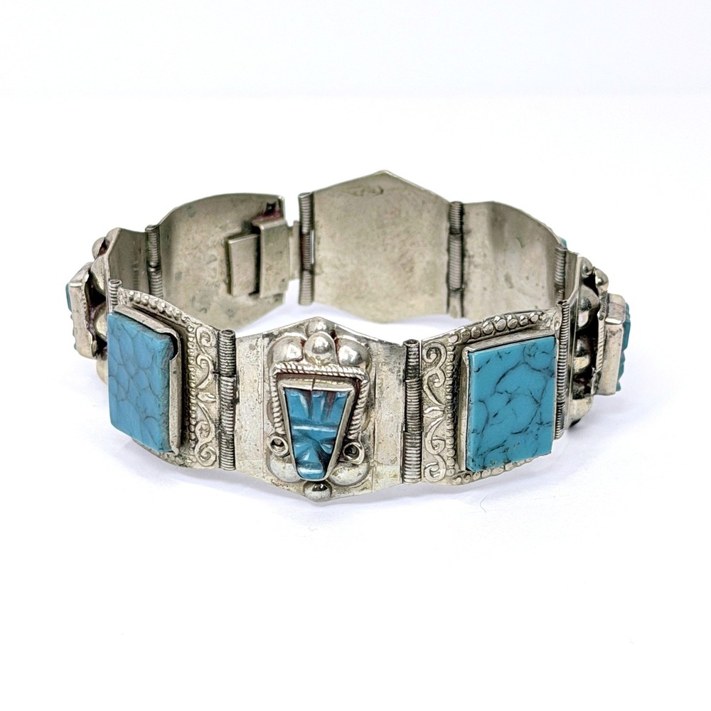 Vintage Silver Turquoise Panel Bracelet Aztec Face Eagle Hallmark 1950s Mexico
